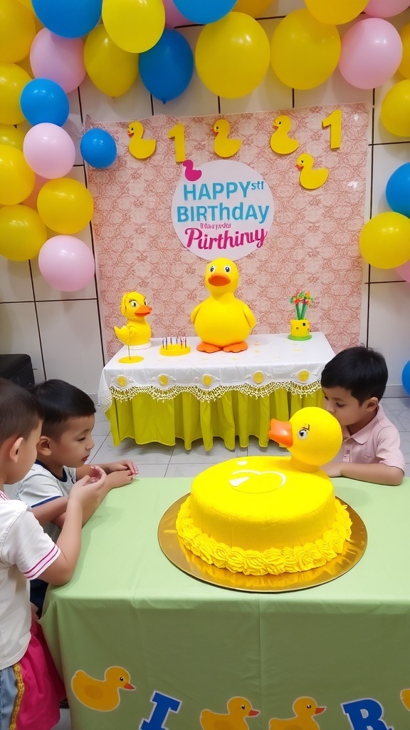 A vibrant duck-themed birthday party with decorations, a duck cake, and children enjoying games.